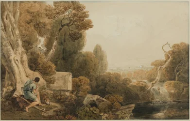 Classical Landscape of Dawn with Pastoral Figures and Aurora in Her Chariot, 1804 (blyant og wc på papir)